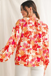 Orange Boho Floral Lantern Sleeve Blouse